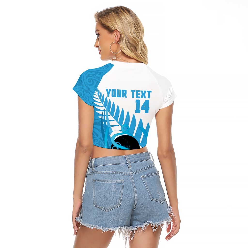 New Zealand Lawn Bowls Prostate Cancer Custom Raglan Cropped T Shirt Aotearoa Maori Silver Fern Blue Ribbon - Aussie Hoodie