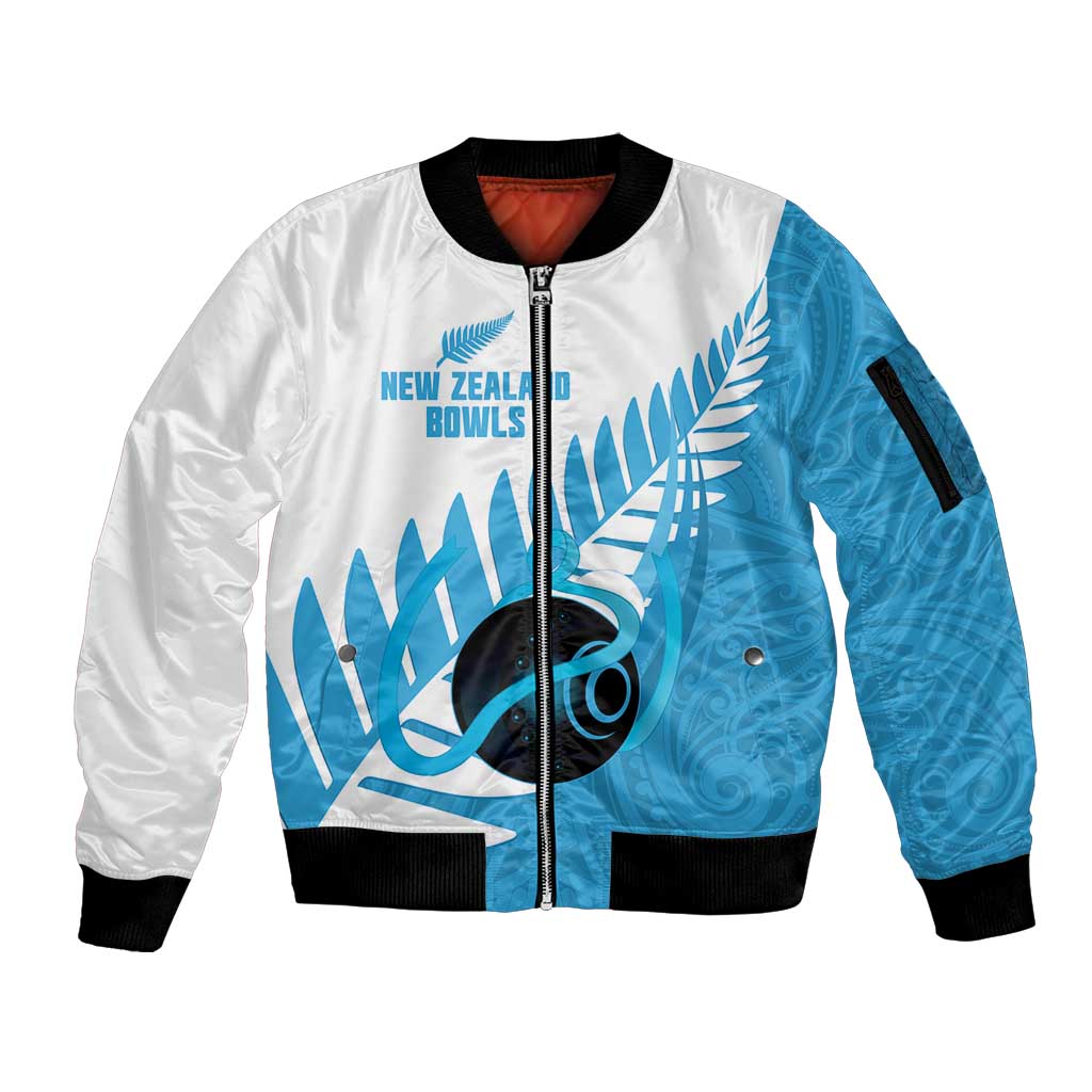 New Zealand Lawn Bowls Prostate Cancer Custom Sleeve Zip Bomber Jacket Aotearoa Maori Silver Fern Blue Ribbon - Aussie Hoodie