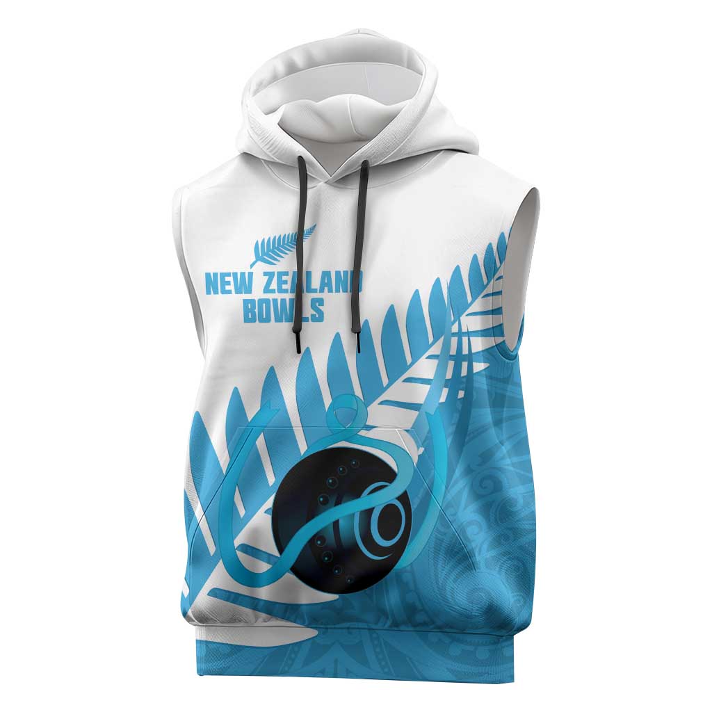 New Zealand Lawn Bowls Prostate Cancer Custom Sleeveless Hoodie Aotearoa Maori Silver Fern Blue Ribbon - Aussie Hoodie