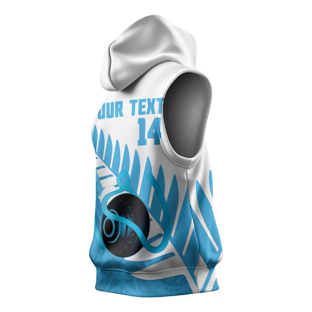 New Zealand Lawn Bowls Prostate Cancer Custom Sleeveless Hoodie Aotearoa Maori Silver Fern Blue Ribbon - Aussie Hoodie