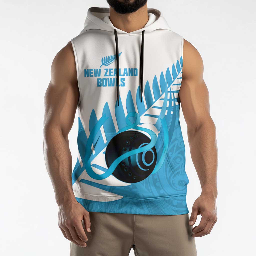 New Zealand Lawn Bowls Prostate Cancer Custom Sleeveless Hoodie Aotearoa Maori Silver Fern Blue Ribbon - Aussie Hoodie