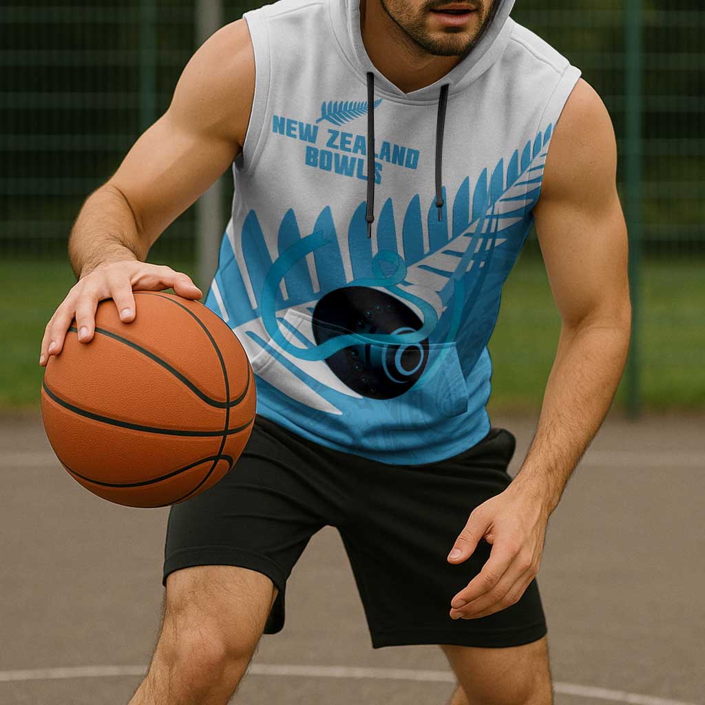 New Zealand Lawn Bowls Prostate Cancer Custom Sleeveless Hoodie Aotearoa Maori Silver Fern Blue Ribbon - Aussie Hoodie