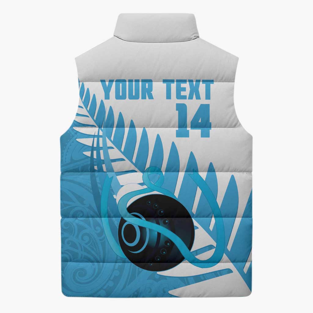 New Zealand Lawn Bowls Prostate Cancer Custom Sleeveless Puffer Jacket Aotearoa Maori Silver Fern Blue Ribbon - Aussie Hoodie