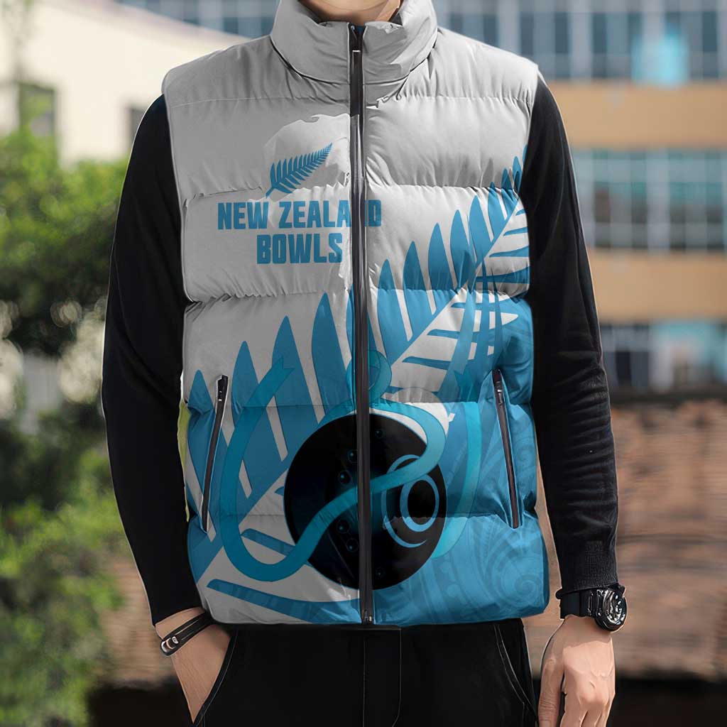 New Zealand Lawn Bowls Prostate Cancer Custom Sleeveless Puffer Jacket Aotearoa Maori Silver Fern Blue Ribbon - Aussie Hoodie