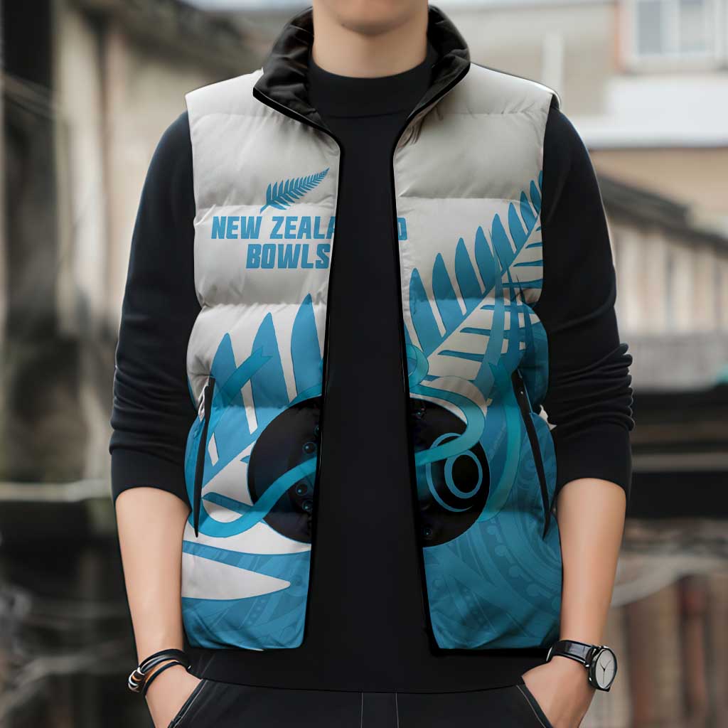 New Zealand Lawn Bowls Prostate Cancer Custom Sleeveless Puffer Jacket Aotearoa Maori Silver Fern Blue Ribbon - Aussie Hoodie