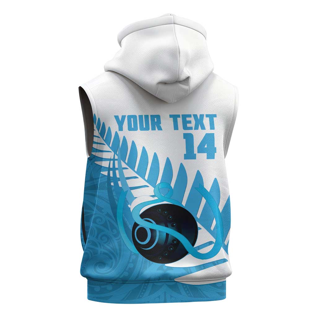 New Zealand Lawn Bowls Prostate Cancer Custom Sleeveless Zip Hoodie Aotearoa Maori Silver Fern Blue Ribbon LT14