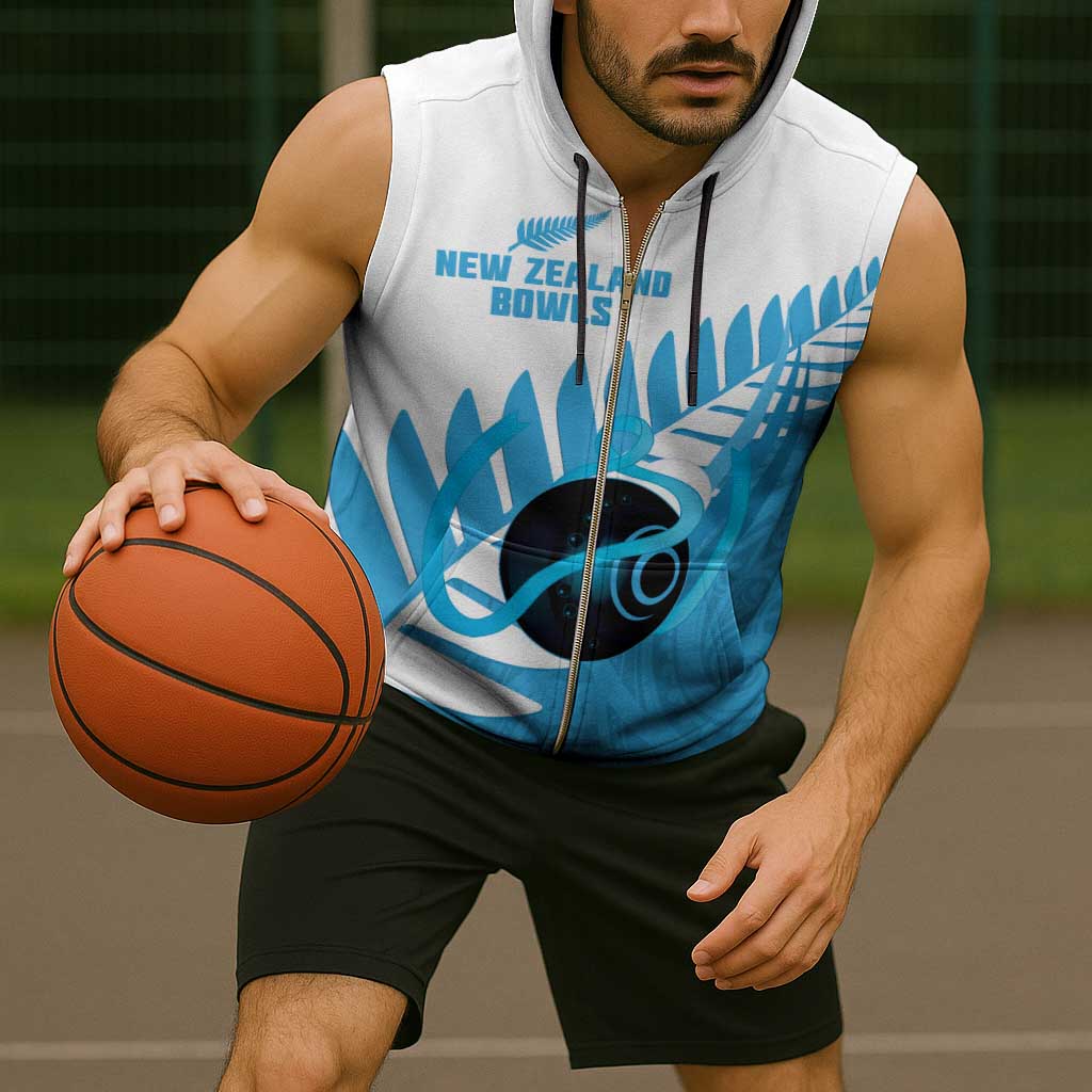 New Zealand Lawn Bowls Prostate Cancer Custom Sleeveless Zip Hoodie Aotearoa Maori Silver Fern Blue Ribbon - Aussie Hoodie