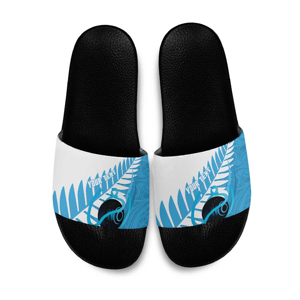 New Zealand Lawn Bowls Prostate Cancer Custom Slide Sandals Aotearoa Maori Silver Fern Blue Ribbon - Aussie Hoodie