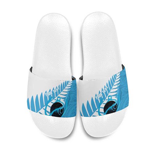 New Zealand Lawn Bowls Prostate Cancer Custom Slide Sandals Aotearoa Maori Silver Fern Blue Ribbon - Aussie Hoodie