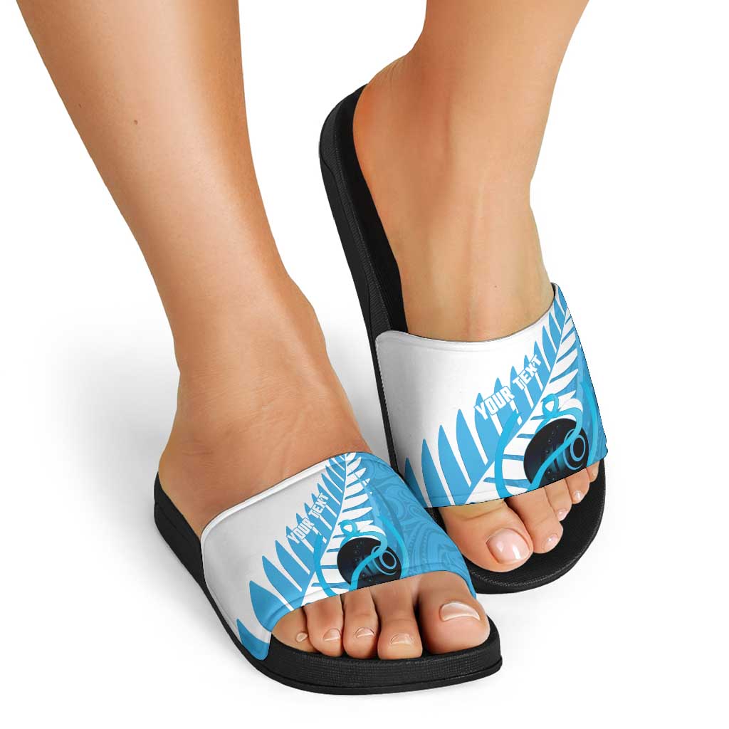 New Zealand Lawn Bowls Prostate Cancer Custom Slide Sandals Aotearoa Maori Silver Fern Blue Ribbon - Aussie Hoodie