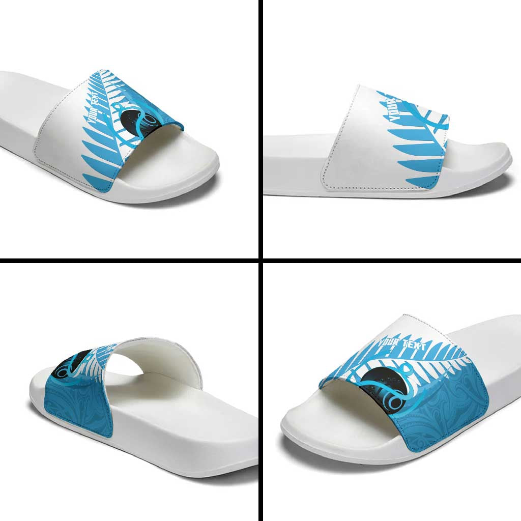New Zealand Lawn Bowls Prostate Cancer Custom Slide Sandals Aotearoa Maori Silver Fern Blue Ribbon - Aussie Hoodie