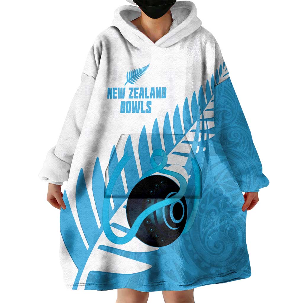 New Zealand Lawn Bowls Prostate Cancer Custom Wearable Blanket Hoodie Aotearoa Maori Silver Fern Blue Ribbon - Aussie Hoodie