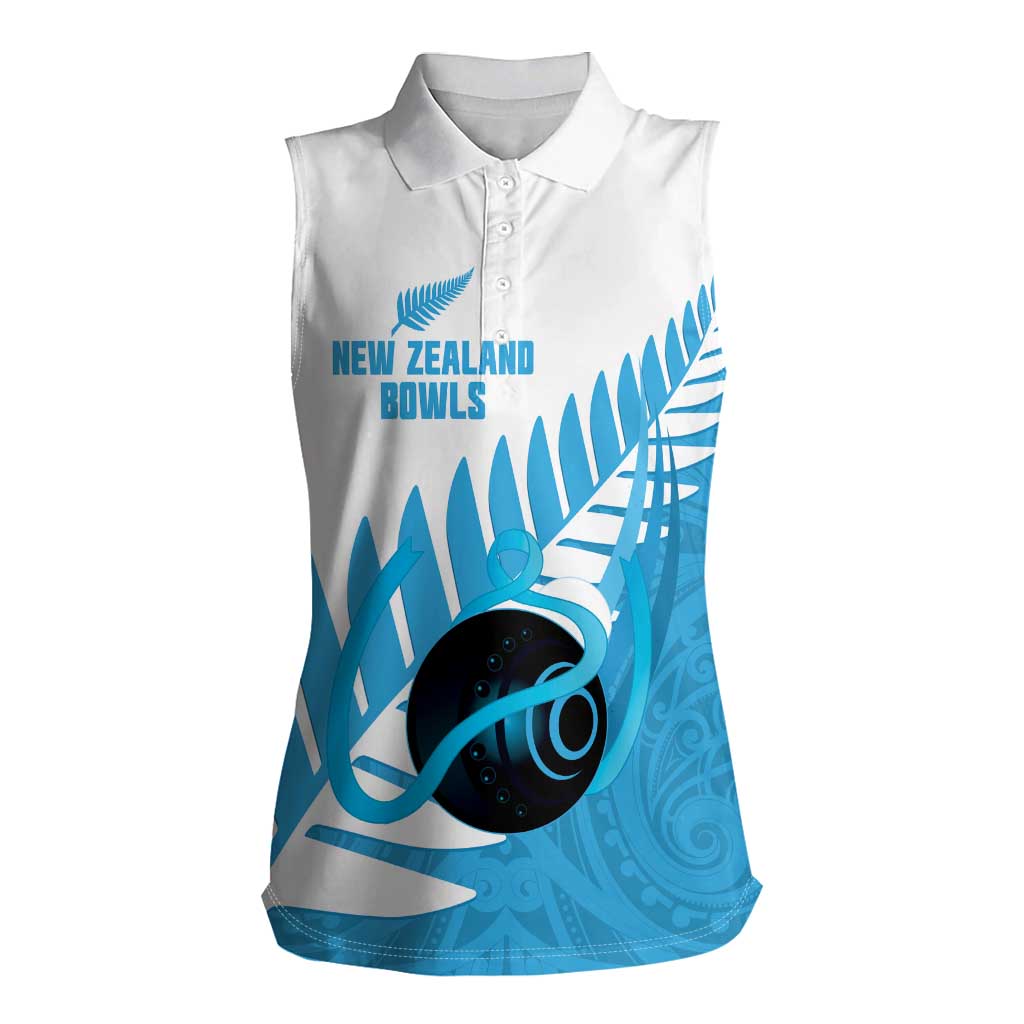 New Zealand Lawn Bowls Prostate Cancer Custom Women Sleeveless Polo Shirt Aotearoa Maori Silver Fern Blue Ribbon - Aussie Hoodie