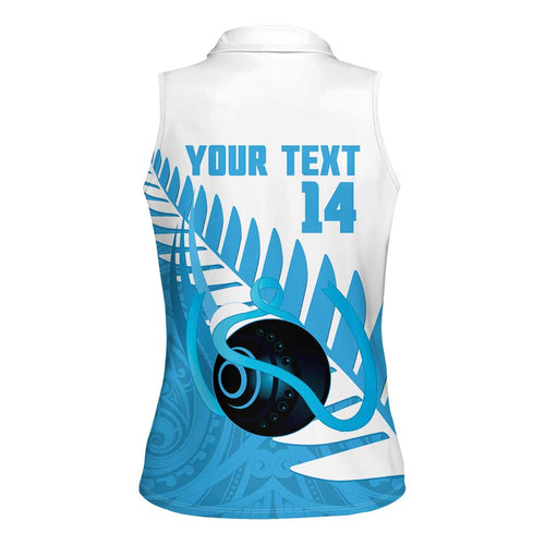 New Zealand Lawn Bowls Prostate Cancer Custom Women Sleeveless Polo Shirt Aotearoa Maori Silver Fern Blue Ribbon - Aussie Hoodie