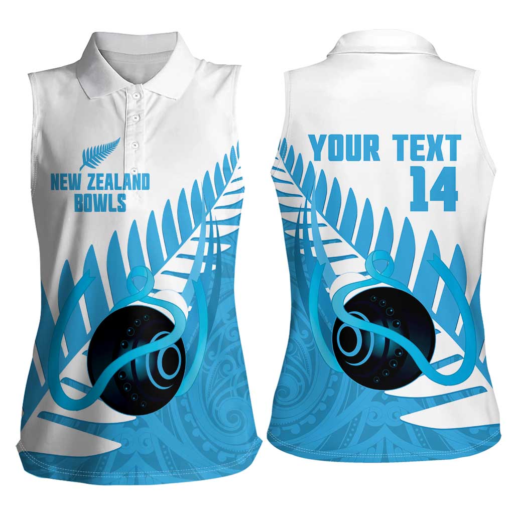 New Zealand Lawn Bowls Prostate Cancer Custom Women Sleeveless Polo Shirt Aotearoa Maori Silver Fern Blue Ribbon - Aussie Hoodie