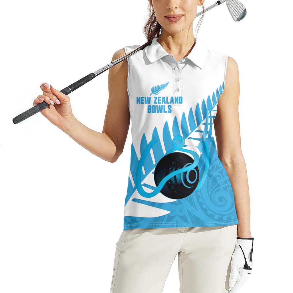 New Zealand Lawn Bowls Prostate Cancer Custom Women Sleeveless Polo Shirt Aotearoa Maori Silver Fern Blue Ribbon - Aussie Hoodie