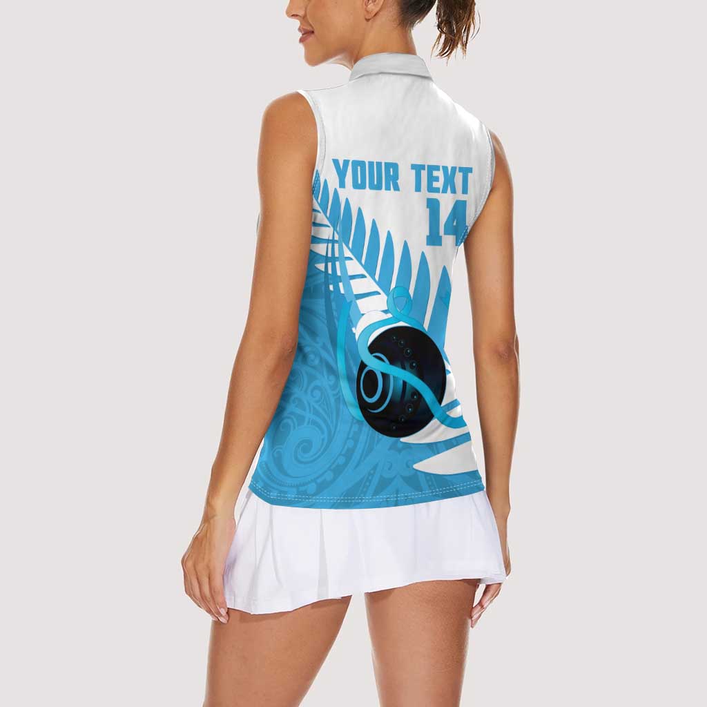 New Zealand Lawn Bowls Prostate Cancer Custom Women Sleeveless Polo Shirt Aotearoa Maori Silver Fern Blue Ribbon - Aussie Hoodie