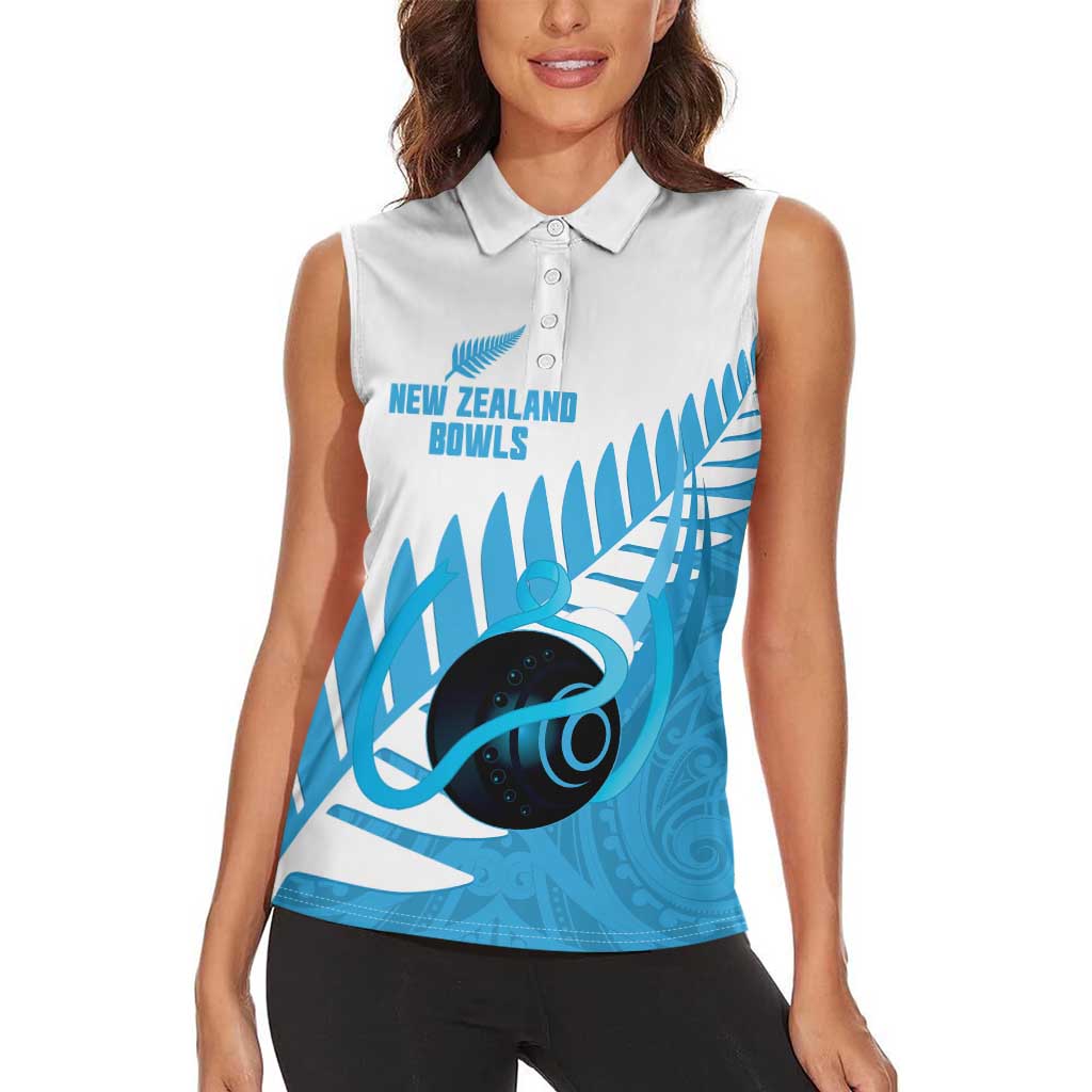 New Zealand Lawn Bowls Prostate Cancer Custom Women Sleeveless Polo Shirt Aotearoa Maori Silver Fern Blue Ribbon - Aussie Hoodie
