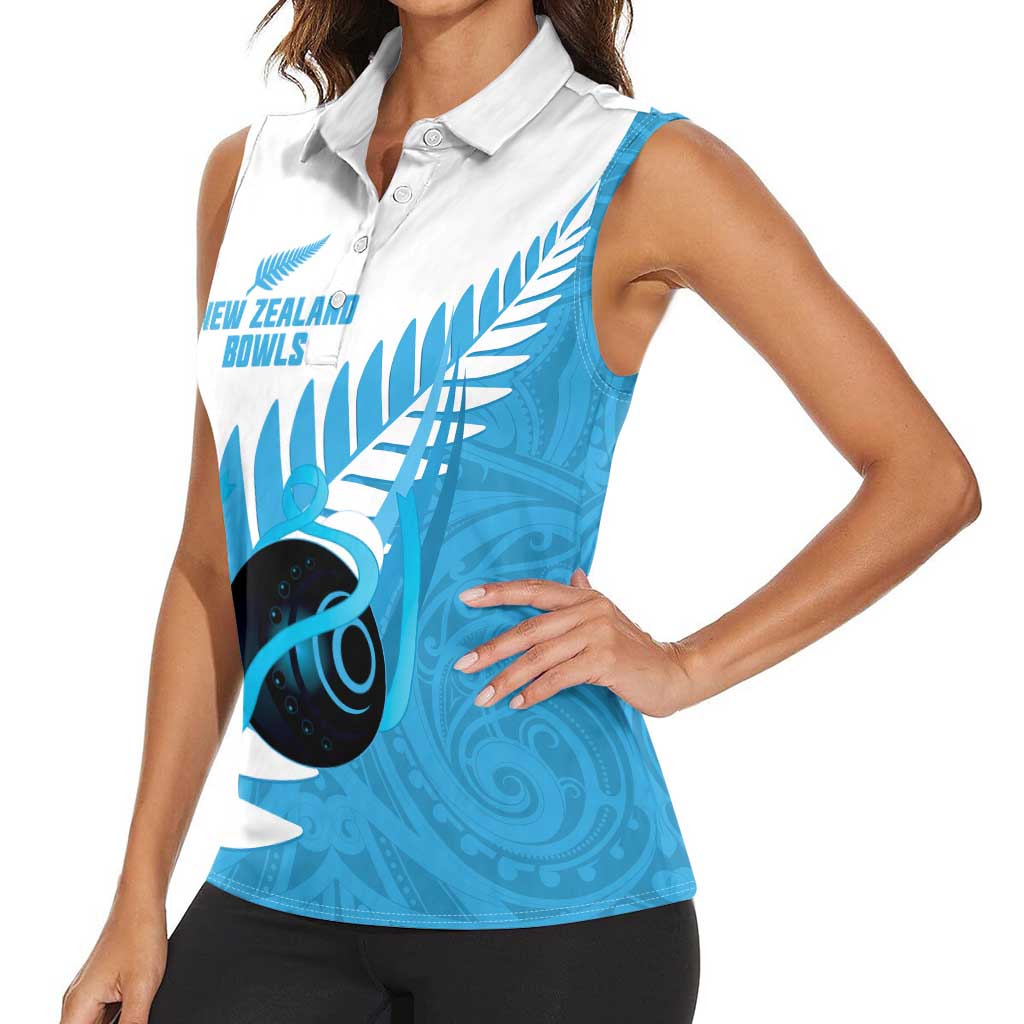 New Zealand Lawn Bowls Prostate Cancer Custom Women Sleeveless Polo Shirt Aotearoa Maori Silver Fern Blue Ribbon - Aussie Hoodie