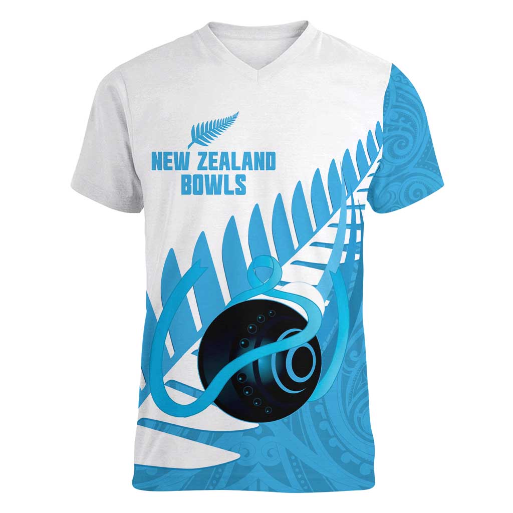 New Zealand Lawn Bowls Prostate Cancer Custom Women V-Neck T-Shirt Aotearoa Maori Silver Fern Blue Ribbon - Aussie Hoodie