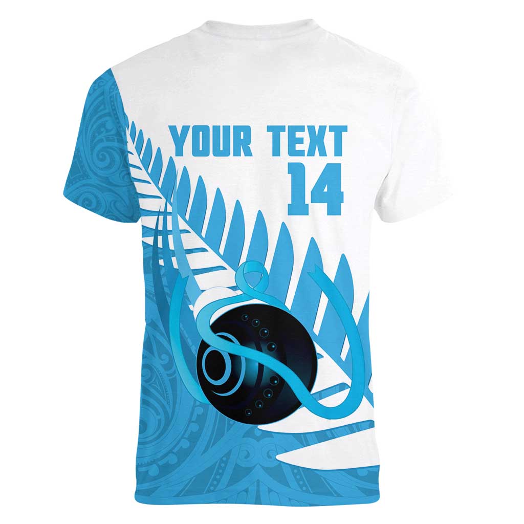 New Zealand Lawn Bowls Prostate Cancer Custom Women V-Neck T-Shirt Aotearoa Maori Silver Fern Blue Ribbon - Aussie Hoodie