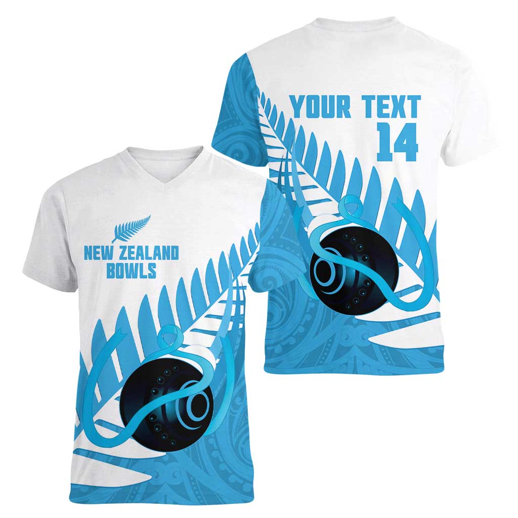 New Zealand Lawn Bowls Prostate Cancer Custom Women V-Neck T-Shirt Aotearoa Maori Silver Fern Blue Ribbon - Aussie Hoodie