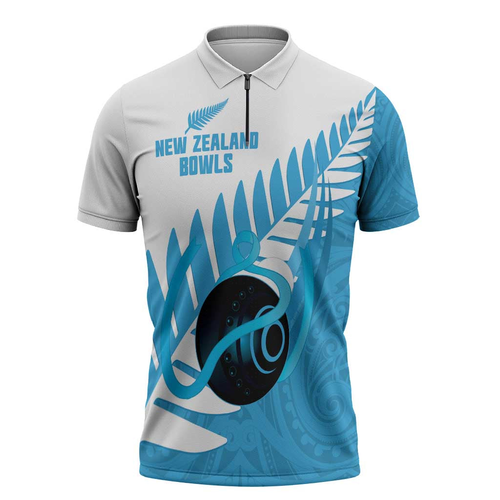 New Zealand Lawn Bowls Prostate Cancer Custom Zipper Polo Shirt Aotearoa Maori Silver Fern Blue Ribbon - Aussie Hoodie