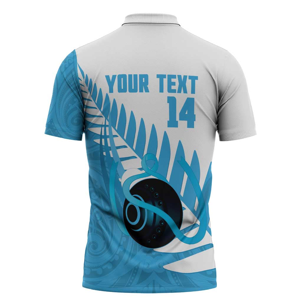 New Zealand Lawn Bowls Prostate Cancer Custom Zipper Polo Shirt Aotearoa Maori Silver Fern Blue Ribbon - Aussie Hoodie