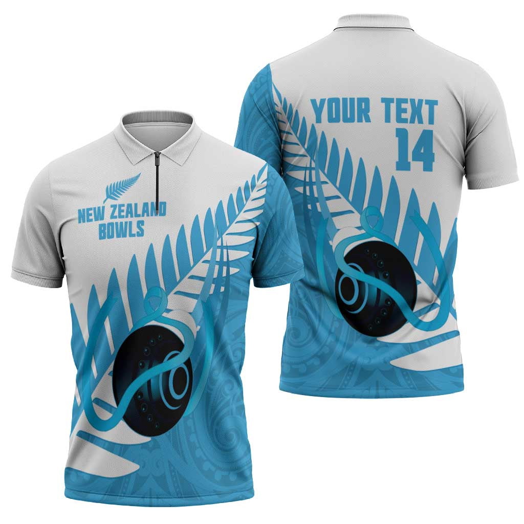 New Zealand Lawn Bowls Prostate Cancer Custom Zipper Polo Shirt Aotearoa Maori Silver Fern Blue Ribbon - Aussie Hoodie