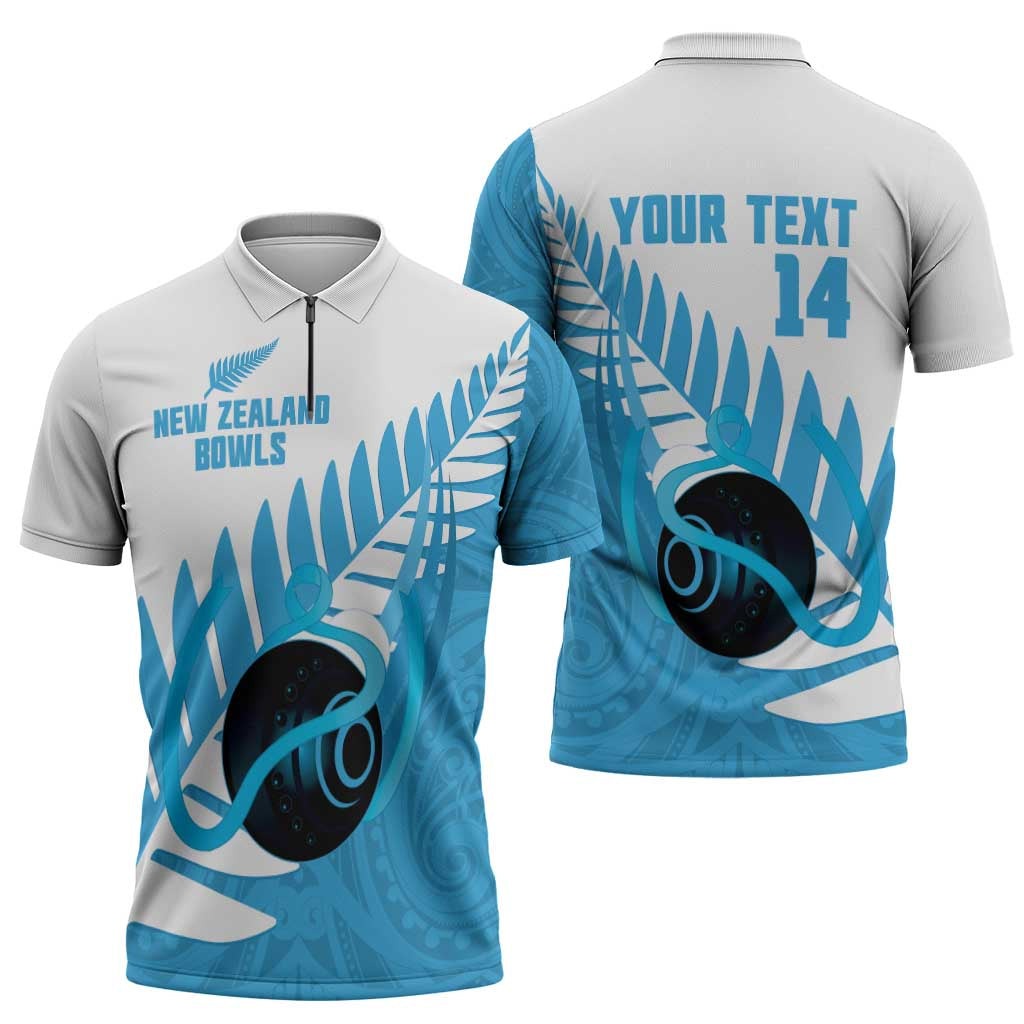 New Zealand Lawn Bowls Prostate Cancer Custom Zipper Polo Shirt Aotearoa Maori Silver Fern Blue Ribbon - Aussie Hoodie
