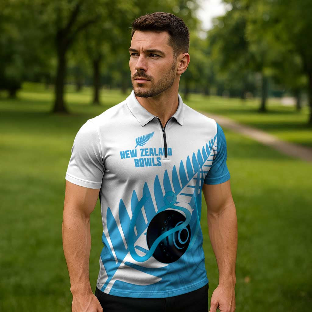 New Zealand Lawn Bowls Prostate Cancer Custom Zipper Polo Shirt Aotearoa Maori Silver Fern Blue Ribbon - Aussie Hoodie