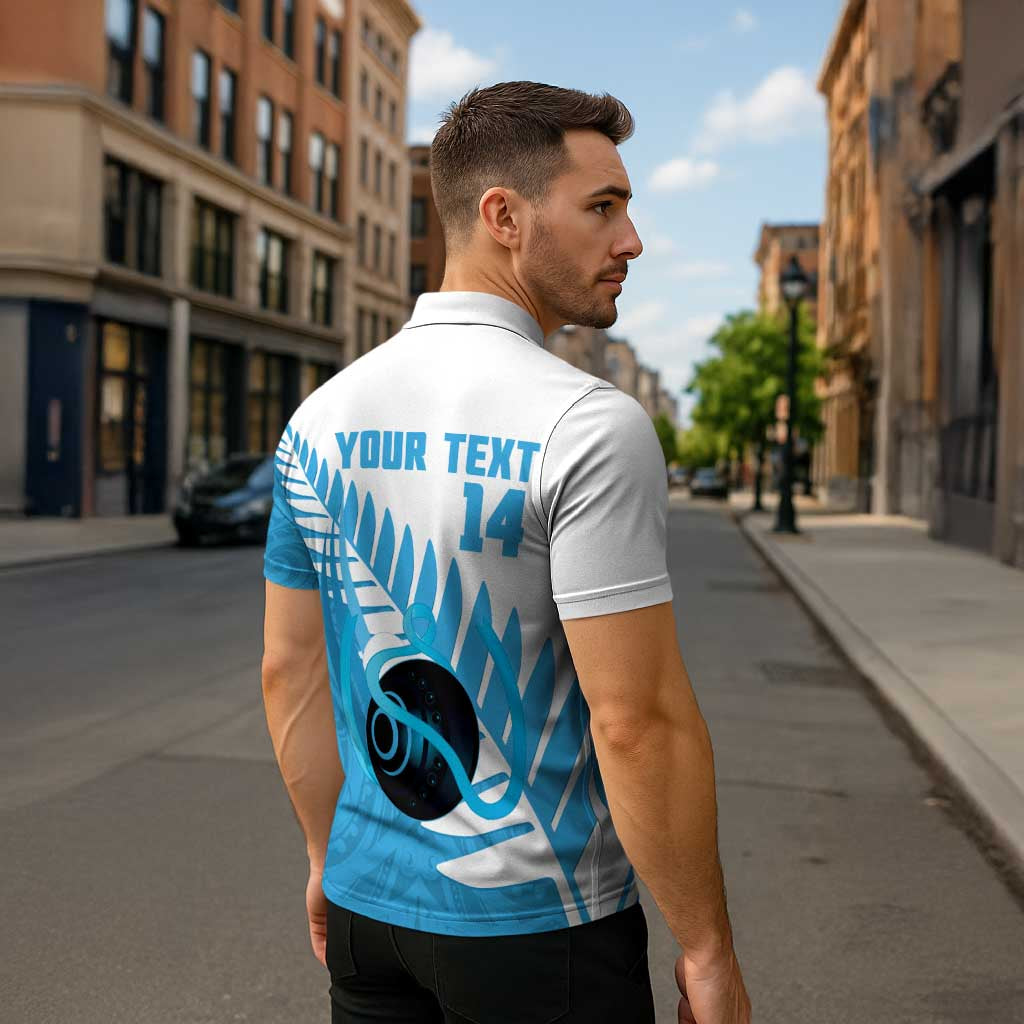 New Zealand Lawn Bowls Prostate Cancer Custom Zipper Polo Shirt Aotearoa Maori Silver Fern Blue Ribbon - Aussie Hoodie