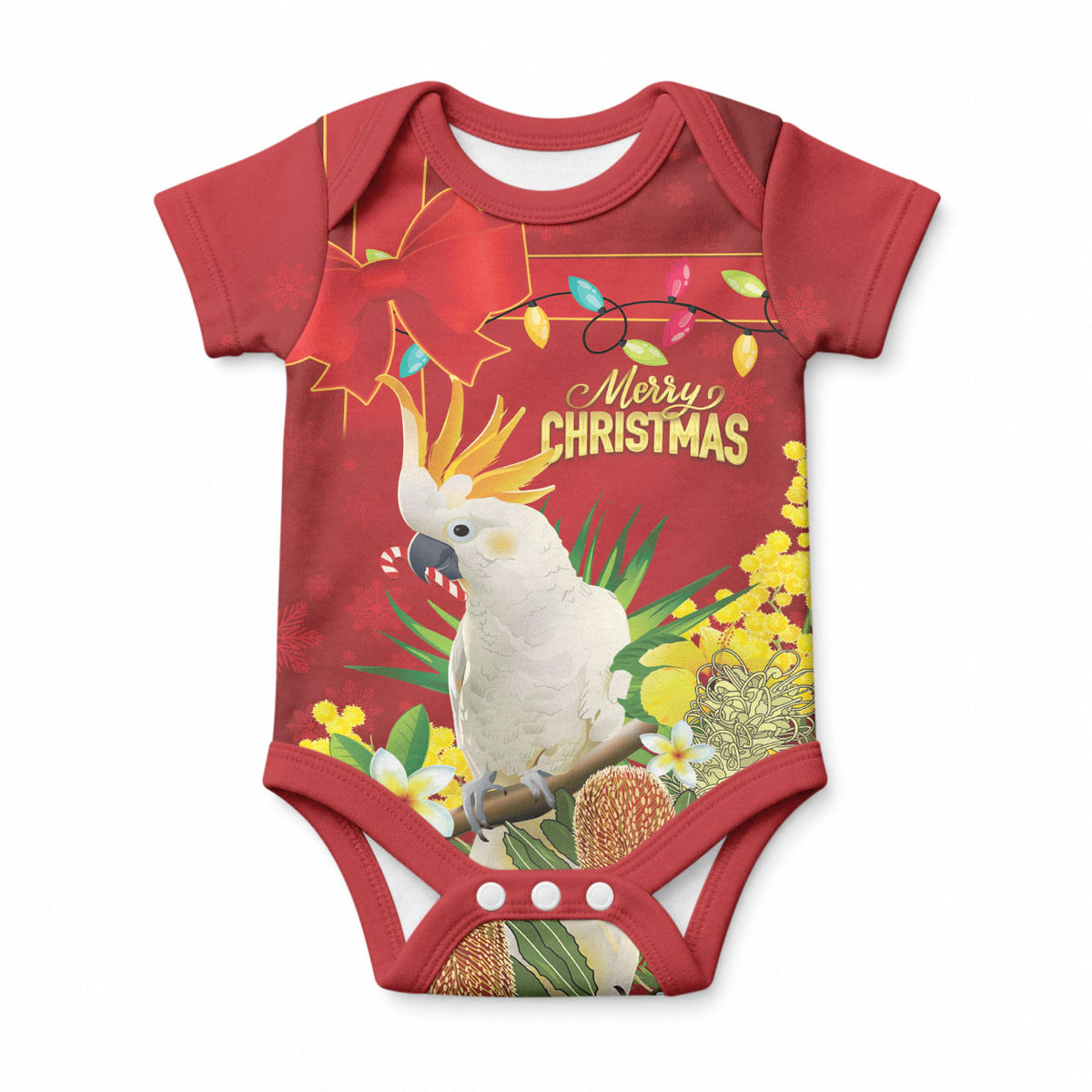 Personalised Australia Sulphur-crested Cockatoo Christmas Baby Onesie Aussie Native Flowers Merry Xmas