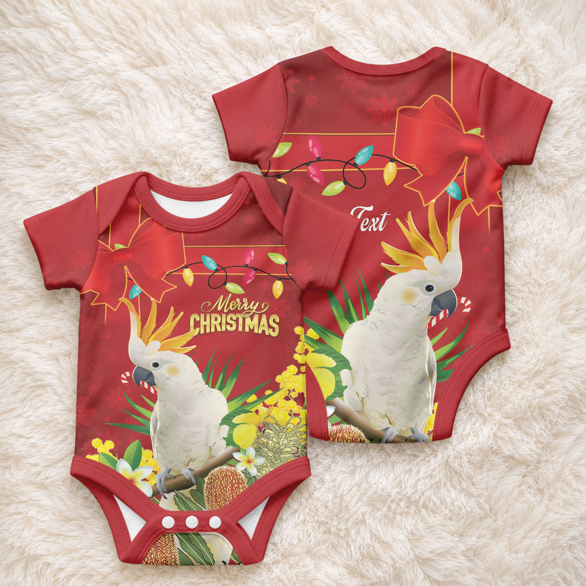 Personalised Australia Sulphur-crested Cockatoo Christmas Baby Onesie Aussie Native Flowers Merry Xmas