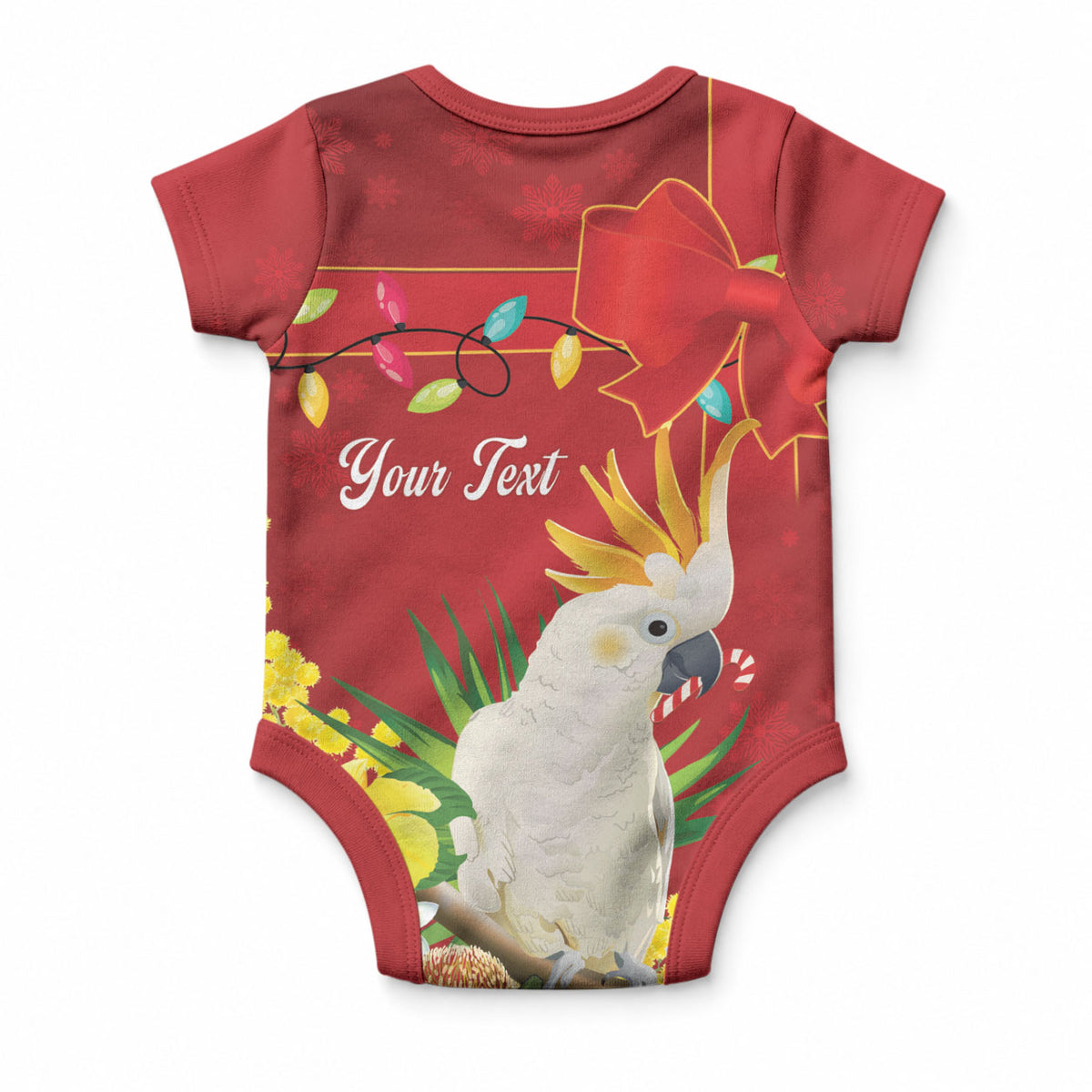 Personalised Australia Sulphur-crested Cockatoo Christmas Baby Onesie Aussie Native Flowers Merry Xmas