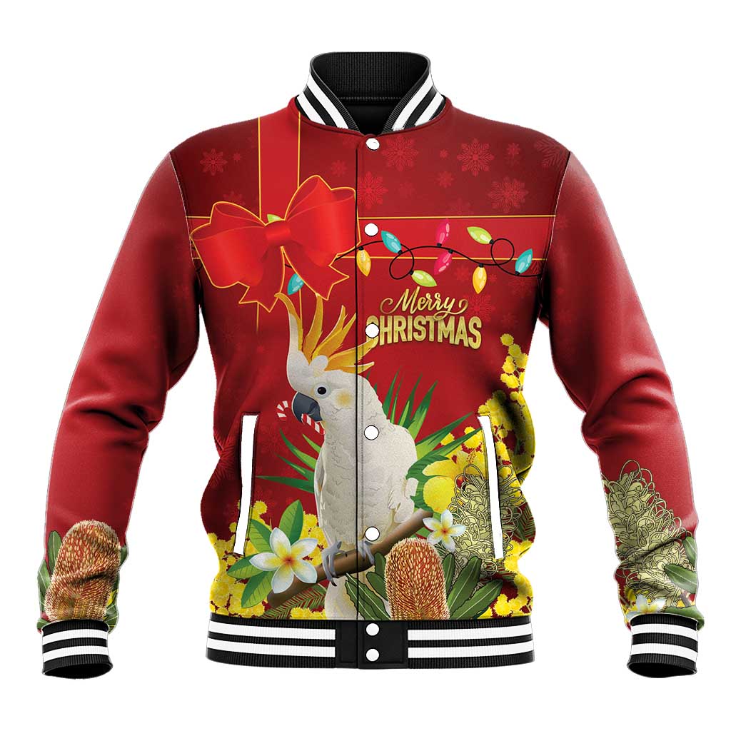 Personalised Australia Sulphur-crested Cockatoo Christmas Baseball Jacket Aussie Native Flowers Merry Xmas - Aussie Hoodie
