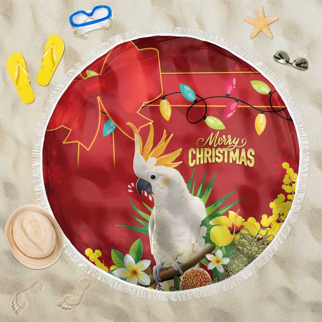 Australia Sulphur-crested Cockatoo Christmas Beach Blanket Aussie Native Flowers Merry Xmas - Aussie Hoodie