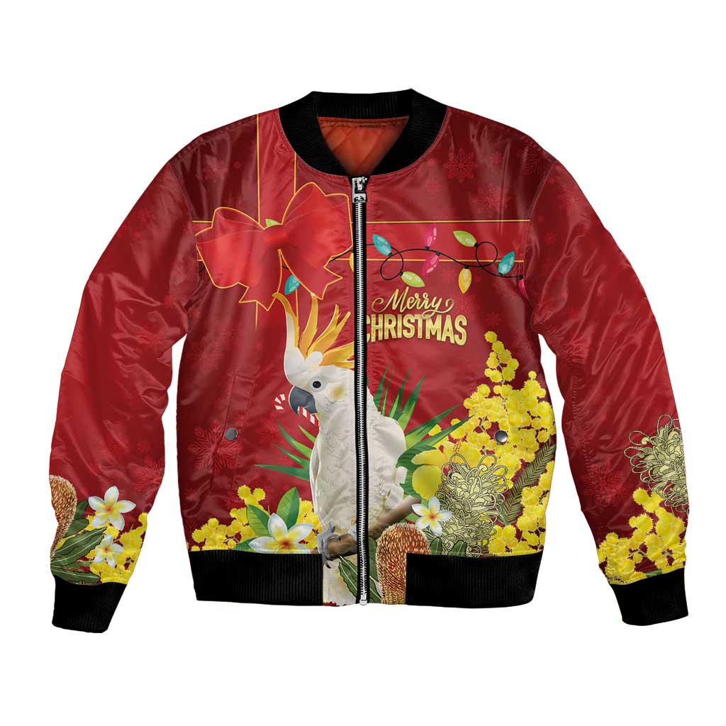 Personalised Australia Sulphur-crested Cockatoo Christmas Bomber Jacket Aussie Native Flowers Merry Xmas - Aussie Hoodie
