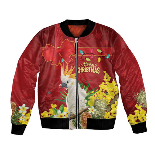 Personalised Australia Sulphur-crested Cockatoo Christmas Bomber Jacket Aussie Native Flowers Merry Xmas - Aussie Hoodie