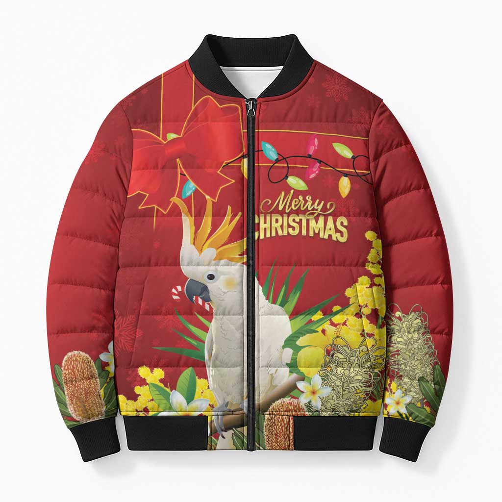 Personalised Australia Sulphur-crested Cockatoo Christmas Bomber Puffer Jacket Aussie Native Flowers Merry Xmas - Aussie Hoodie