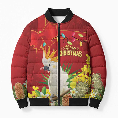 Personalised Australia Sulphur-crested Cockatoo Christmas Bomber Puffer Jacket Aussie Native Flowers Merry Xmas - Aussie Hoodie
