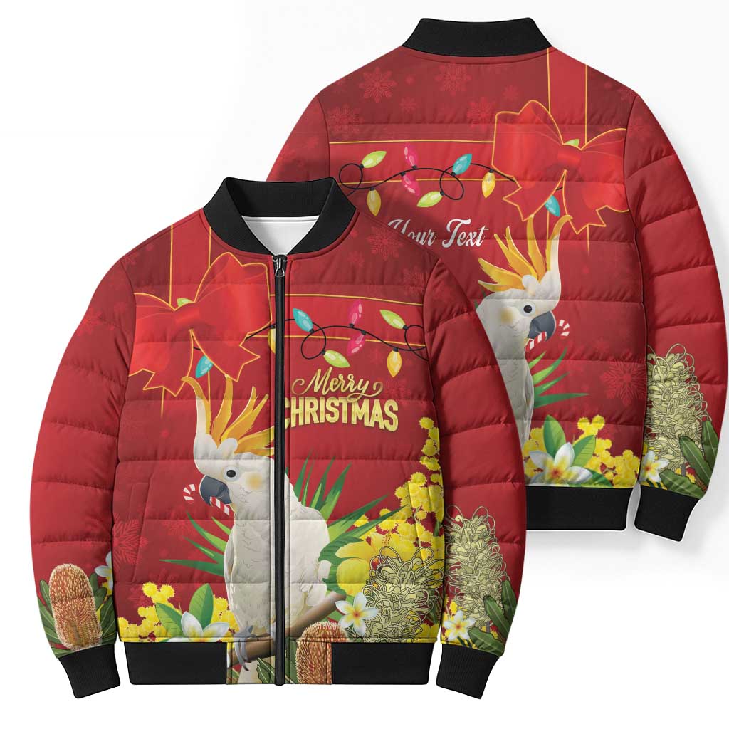 Personalised Australia Sulphur-crested Cockatoo Christmas Bomber Puffer Jacket Aussie Native Flowers Merry Xmas - Aussie Hoodie