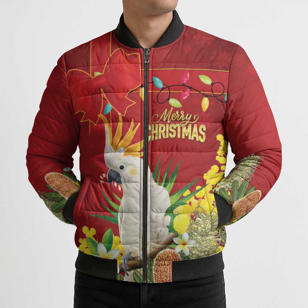 Personalised Australia Sulphur-crested Cockatoo Christmas Bomber Puffer Jacket Aussie Native Flowers Merry Xmas - Aussie Hoodie