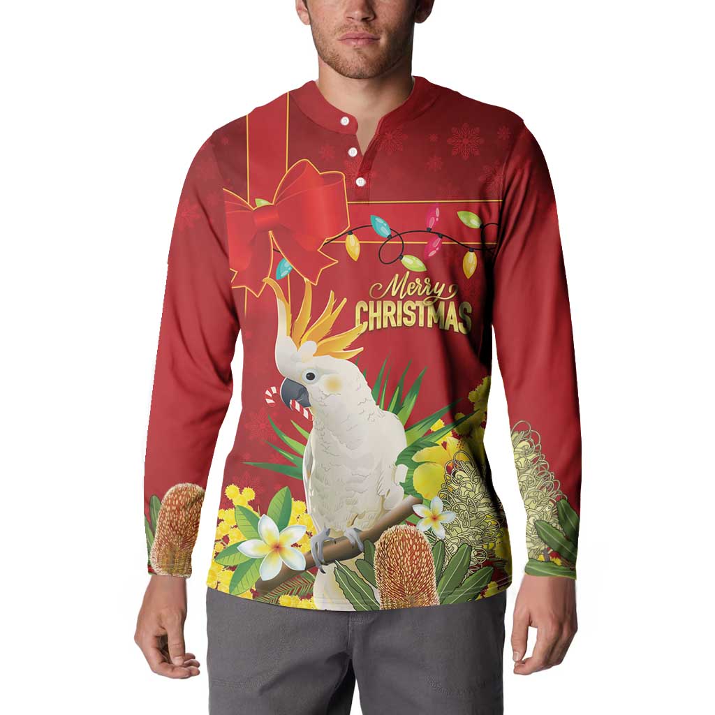 Personalised Australia Sulphur-crested Cockatoo Christmas Button Sweatshirt Aussie Native Flowers Merry Xmas - Aussie Hoodie