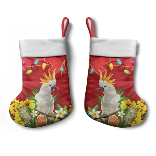 Australia Sulphur-crested Cockatoo Christmas Stocking Aussie Native Flowers Merry Xmas - Aussie Hoodie