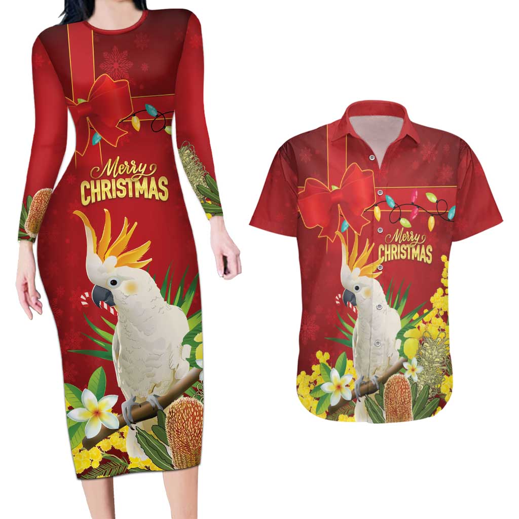 Personalised Australia Sulphur-crested Cockatoo Christmas Couples Matching Long Sleeve Bodycon Dress and Hawaiian Shirt Aussie Native Flowers Merry Xmas - Aussie Hoodie