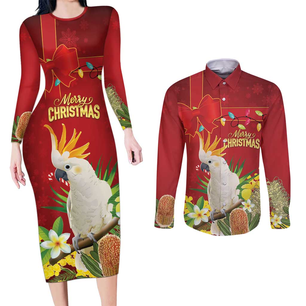 Personalised Australia Sulphur-crested Cockatoo Christmas Couples Matching Long Sleeve Bodycon Dress and Long Sleeve Button Shirt Aussie Native Flowers Merry Xmas - Aussie Hoodie