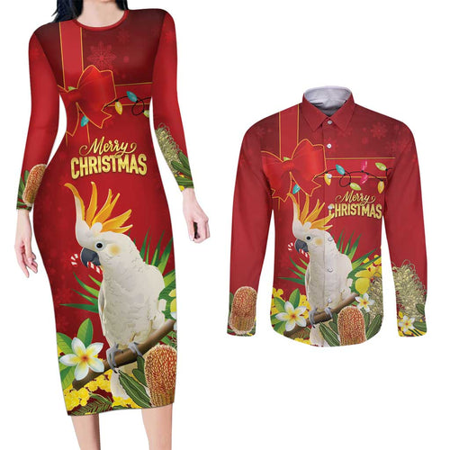 Personalised Australia Sulphur-crested Cockatoo Christmas Couples Matching Long Sleeve Bodycon Dress and Long Sleeve Button Shirt Aussie Native Flowers Merry Xmas - Aussie Hoodie