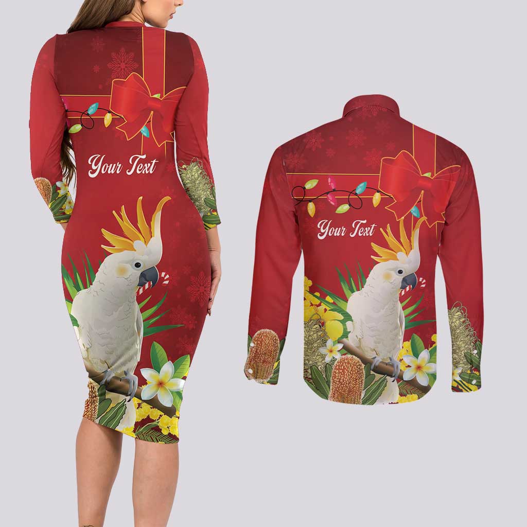 Personalised Australia Sulphur-crested Cockatoo Christmas Couples Matching Long Sleeve Bodycon Dress and Long Sleeve Button Shirt Aussie Native Flowers Merry Xmas - Aussie Hoodie