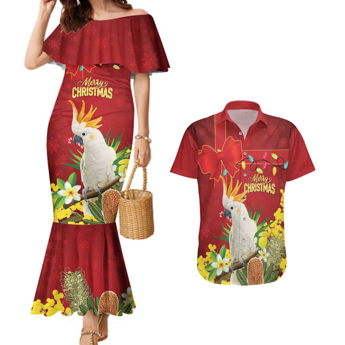 Personalised Australia Sulphur-crested Cockatoo Christmas Couples Matching Mermaid Dress and Hawaiian Shirt Aussie Native Flowers Merry Xmas - Aussie Hoodie